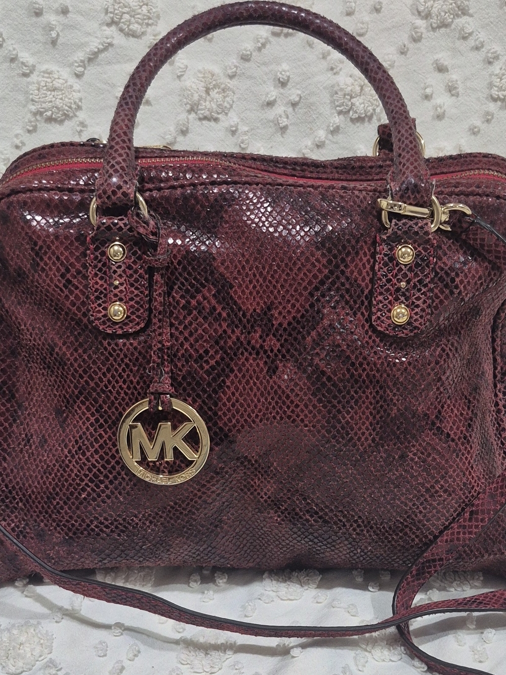 Michael Kors Burgundy Snake-Embossed Leather Satchel